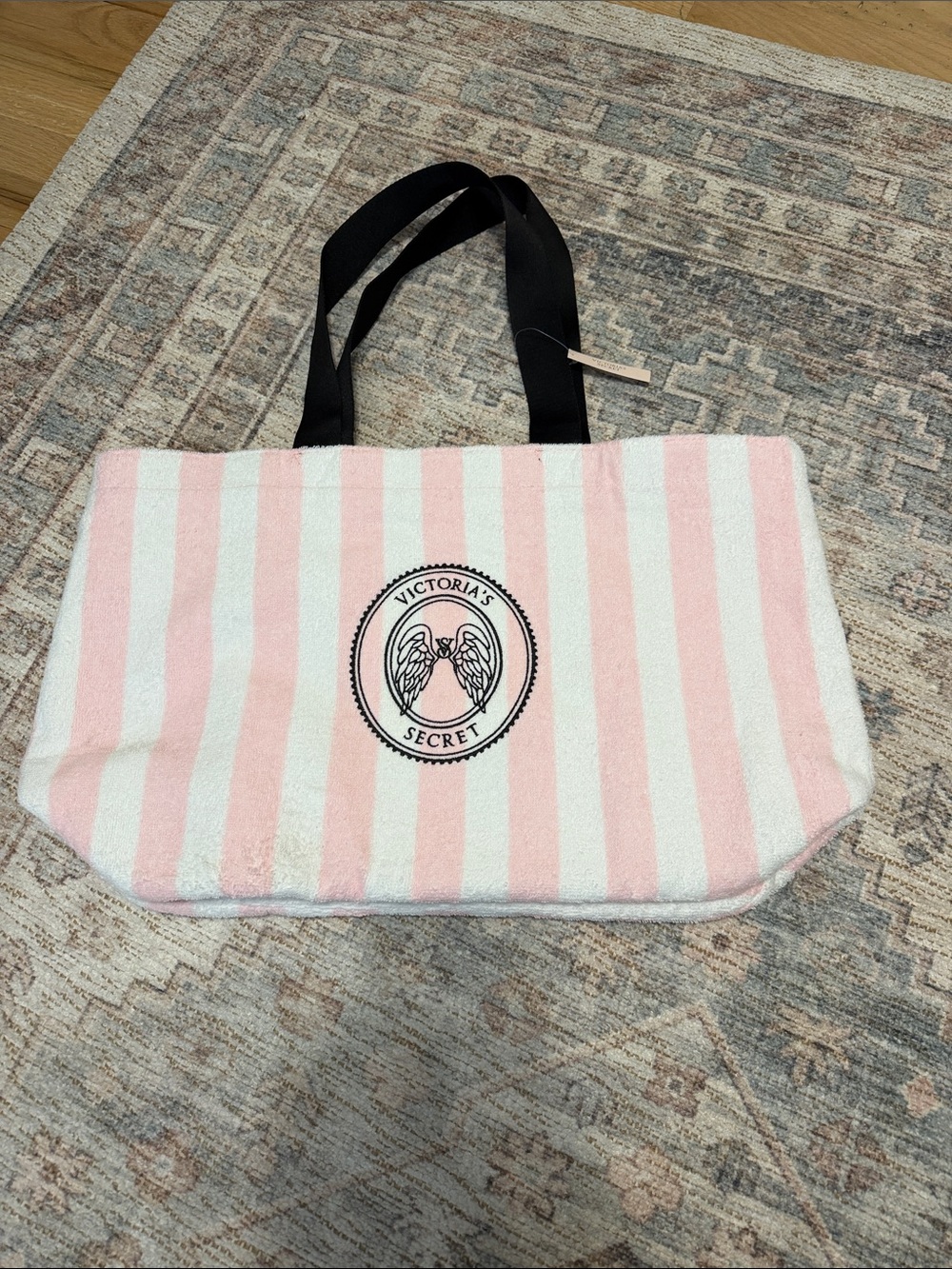 Victoria's Secret Pink and White Striped Tote with Black Handles